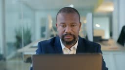Thinking, corporate and black man typing laptop email for business...