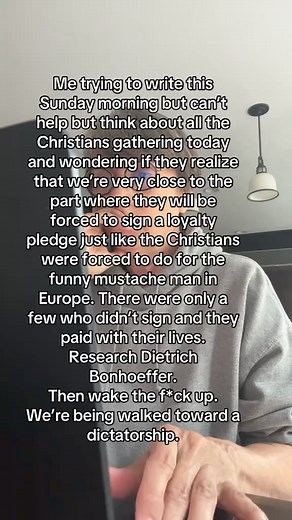 Me trying to write this Sunday morning but can't help but think about all the Christians gathering today and wondering if they realize that we're very close to the part where they will be forced to sign a loyalty pledge just like the Christians were forced to do for the funny mustache man in Europe. There were only a few who didn't sign and they paid with their lives. Research Dietrich Bonhoeffer. Then wake the f*ck up. #dietrichbonhoeffer #stayawake #vote #fascism #revkarla | Rev Karla