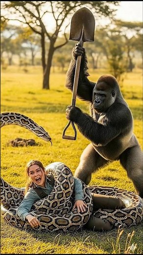 Gorilla saves girl from giant python 🐍 #ai #animals #wildlife #trending