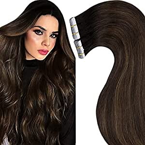 LaaVoo Tape in Hair Extensions Balayage Human Hair Tape in Extensions Darkest Brown Mix Light Brown Hair Extensions Tape in Human Hair Invisible Tape Hair Extensioins 18 Inch 50g 20pcs