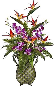 Nearly Natural Bird of Paradise, Orchid and Fern Artificial Metal Planter Silk Arrangements, Assorted