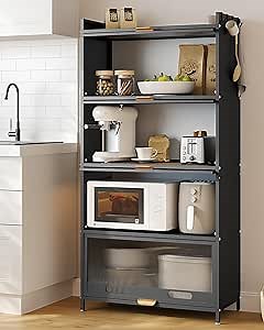 NETEL Kitchen 5-Tier Bakers Rack, Black - Storage Shelf for Microwaves, Spices, Pots with 4 Hooks & Brakeable Casters