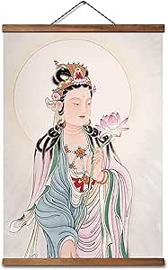 jszip Wall Hanging Scroll Painting artwork, Chinese Immortal Guanyin Bodhisattva Portrait, 24.02 x 15.75 inches, Black Walnut Wood Frame