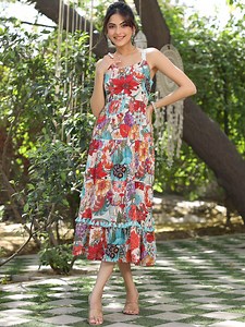 Buy Rain & Rainbow Floral Printed Shoulder Straps Pure Cotton Tiered Fit And Flared Midi Dress -  - Apparel for Women