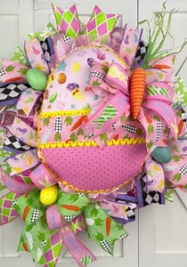 Fancy Handmade Fabric Easter Egg Wreath for Front Door, Easter Door Decorations