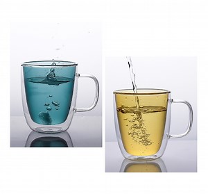 [Hot Item] Custom Blown Colored Borosilicate Double Wall Glass Coffee Mugs Cups for Wine Juice Coffee Water Use with Handle