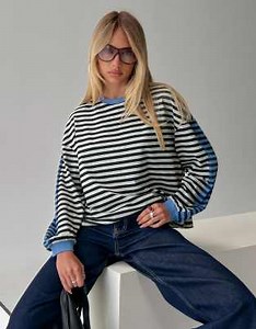 Princess Polly Taysha cotton rich crew neck drop shoulder long sleeve top in black & blue stripe | ASOS