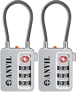 ANVIL TSA Locks for Luggage with Search Alert: Durable Cable Combination Locks, TSA Approved - Secure Travel Locks for Suitcases, Backpacks & Gun Cases.(2, Silver)