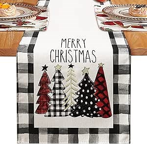 Christmas Buffalo Plaid Table Runner, Christmas Table Runners 72 inches Long, Reversible Christmas Tree Burlap Table Runners, Buffalo Plaid Christmas Decorations Indoor Outdoor Home Party Decor
