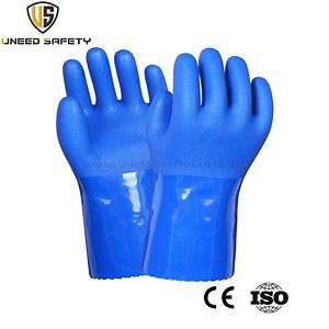 [Hot Item] PVC Sandy Coating Gauntlet Blue Cotton Liner PVC Coated Gloves