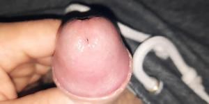 Small uncut grower not shower, precum, slow foreskin rolling close up, glistening precum play