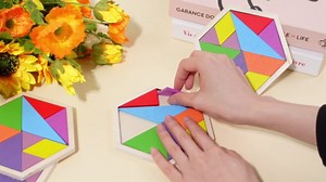 Meooeck 12 Pack Tangrams Wooden Puzzles Tangrams Set f Shape Puzzles Brain Logic Blocks for Games Educational Gifts for Adults Students(Hexagon Style)