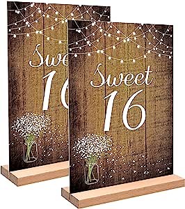 Vlipoeasn 2PC Sweet 16 Birthday Table Decorations for Girls, Vintage Brown Wood Pattern 16th Birthday Table Sign, Sweet 16 Acrylic Table Sign with Wooden Stand, 16 Years Old Birthday Centerpieces