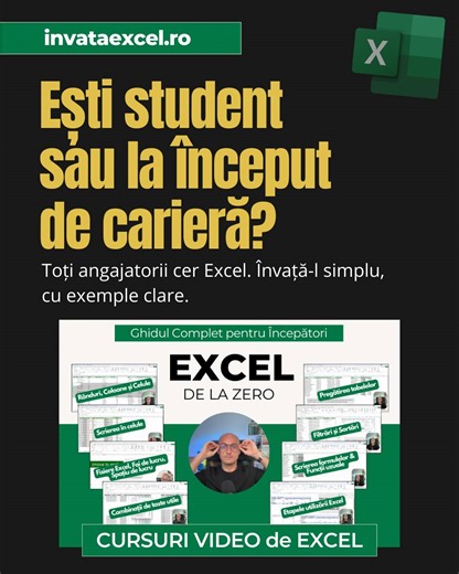 Toți angajatorii caută Excel. Tu ești pregătit? Ce obții? 👉 Devii mai eficient(ă) la birou 👉 Înțelegi Excelul de la zero 👉 Îți crești productivitatea cu pași simpli 👉 Te pregătești pentu un job nou sau o promovare 👉 Îți adaugi Excelul în CV cu încredere 👉 Înveți în ritmul tău, fără presiune Toți angajatorii cer „cunoștințe de Excel”. Dar puțini candidați chiar le au. Acest curs de Excel pentru Începători îți arată pas cu pas cum să creezi tabele corecte, cum să lucrezi rapid și să câștigi 
