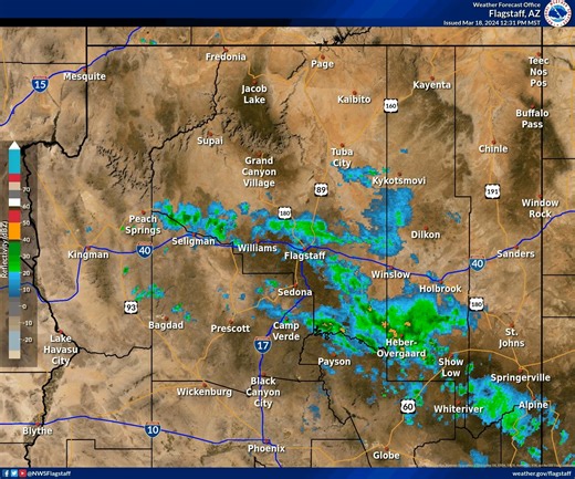 At 1226 PM MST/126 PM MDT, showers and thunderstorms are continuing to move northwest across north central Arizona. The stronger storms have small hail and gusty winds. Elevations above around 6500 could have snow impacting travel. | US National Weather Service Flagstaff Arizona
