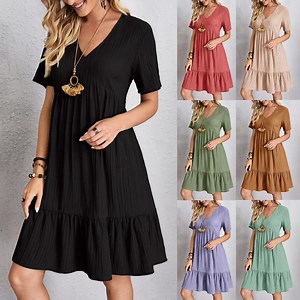 IDALL Summer Dresses,Casual Dresses Women Casual Fashion Solid Color V Neck Short Sleeve Shirt Dress Petite Dresses,Modest Dresses,Womens Dresses Brown Dress M