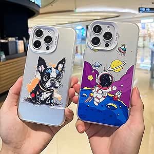 2 Pack Anime Phone Case for iPhone 13 pro max 6.7 Inch, Astronaut Print Print Cartoon Dog Print Silver Shinny Phone case for Boys Girls, Aesthetic Kawaii Designed Soft TPU Edge with Bumper Case