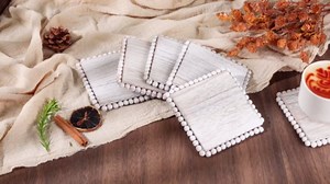 6 Pcs Farmhouse Square Beaded Coasters 4 Inches White Wood Coasters for Crafts Rustic Non Slip Decorative Wooden Coasters Bulk for Coffee Table, Drinks, Housewarming, Kitchen