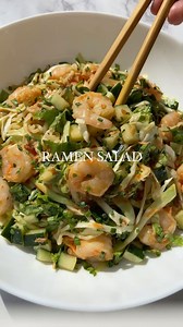 Ramen Salad | a refreshing twist on ramen noodles that will leave you craving all summer long! Perfect for lunch or weeknight dinner✨ •boil ramen noodles of choice al dente, drain & rinse with cold water •in a bowl mix 1/2 cup teriyaki sauce with 1/4 cup mayo, 1tbsp garlic, 1tbsp honey, a dash of chicken ramen seasoning packet & 1/4 cup water •add ramen to a large bowl •measure with your heart with toppings: cooked shrimp, diced cucumbers, shredded cabbage, chopped lettuce, grated carrot, chives