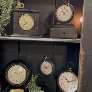 So many clocks! Top shelf Left $47.99 Right $39.99 Bottom shelf Left $34.99 Middle $39.99 Right $24.99 Grandfather clock $110 | The Old Candle Barn Inc