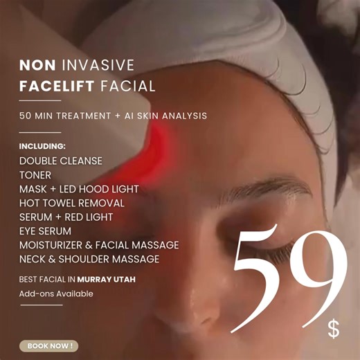 35 ? It’s time to fight back against Dry Skin and Fine lines Collagen Restore with LED Therapy $59.99 at Lumière Beauty & Spa, Murray Regular Price $249 Our Location : 6070 S 1300 E, Suite 104, Murray, UT 50 min Treatment Ai skin analysis What’s Included (facial steps): Double Cleanse Toner Mask LED Hood Light Hot Towel Removal Serum Red Light Eye Serum Moisturizer & Facial Massage Neck & Shoulder Massage Optional: Add-ons, Collagen Booster & Chemical peel And More No Deposit Required — Pay Upon
