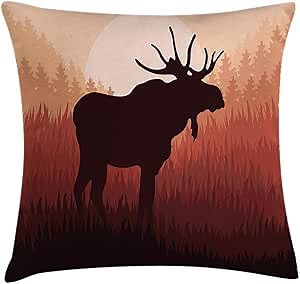Ambesonne Moose Throw Pillow Cushion Cover, Antlers in Wild Alaska Forest Rusty Abstract Landscape Design Deer Theme Woods, Decorative Square Accent Pillow Case, 20" X 20", Peach and Brown