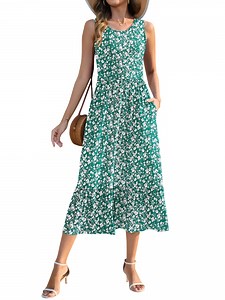 OutfitShow Summer Maxi Dresses for Women Sleeveless Casual Flowy Tiered Dress Vacation Beach Sundresses with Pockets