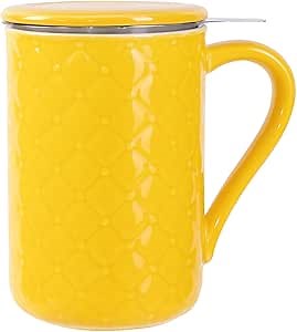 Yachi 19oz Ceramic Tea Mug with Infuser and Lid Loose Leaf Tea Steeper Microwave & Dishwasher Safe for Tea, Coffee, Milk, Home & Office (Yellow Embossed Porcelain Tea Cup)