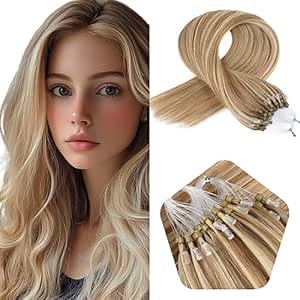 Micro Loop Human Hair Extensions 16 Inch Microlinks Hair Extensions Remy Human Hair #8/613 Brown with Blonde Micro Ring Hair 1g/Strand 50g Bead Extensions