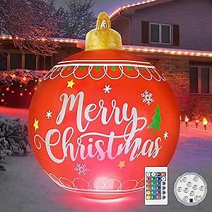 Outdoor Christmas Inflatable Decorations for Yard - Giant Light Up Christmas Ball Ornament with LED Light and Remote for Xmas Holiday Outdoor Yard Tree Pool Decorations, 24 Inch