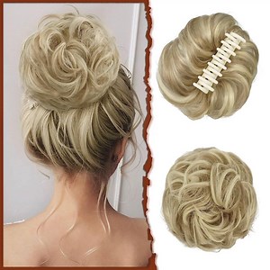 DOPI Claw Clip Messy Bun Hair Piece Wavy Curly Hair Bun Clip in Claw Chignon Ponytail Hairpieces Synthetic Tousled Updo Hair Extensions Scrunchie Hairpiece for Women, Gray and White Tips