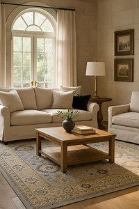 Hand-knotted Wool Oushak Rug: Soft Blue Medallion, Gold & Navy Accents - Etsy