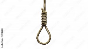Hangman's noose on a white background. A rope with a knot for suicide or execution by hanging falls from above, swings from side to side like a pendulum and stops. 3D animation with alpha matte.