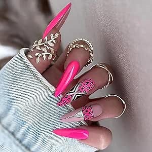 Stilettos Press on Nails Pink Leopard Print Fake Nails Glitter Silver Black Triangle False Nails Glossy Solid Color Artificial Nails with Glue on Nails Reusable Stick on Nails for Women Charm Manicure