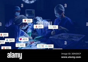 Surgical team making incision with social media badges swarming amid digital distraction in surgery. Medical, teamwork, sterile, precision, technology, innovation, healthcare