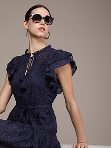 Buy French Connection Tie Up Neck Flutter Sleeves Cotton Fit & Flare Tiered Schiffli Dress -  - Apparel for Women