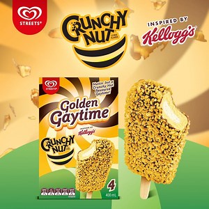 The next iconic collaboration with Kellogg's Australia, Golden Gaytime Crunchy Nut. 🥜🤤⁣⁣ ⁣ Delicious honey flavoured ice cream, coated in chocolate and dipped in peanut* flavoured crumb. Nuttin’ but a Crunchy Nut flavoured Gaytime!⁣⁣ ⁣⁣ Available now in Australia at Coles and your local convenience & petrol stores.⁣⁣ ⁣⁣ *Not real peanuts | Streets Ice Cream