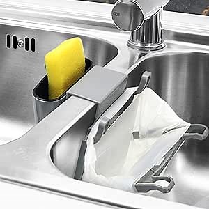 Flexible Sink Caddy Kitchen Sink Organizer - Over the Sink Sponge Holder with Disposable Strainer Waste Bag Holder and 18 Bags-Gray
