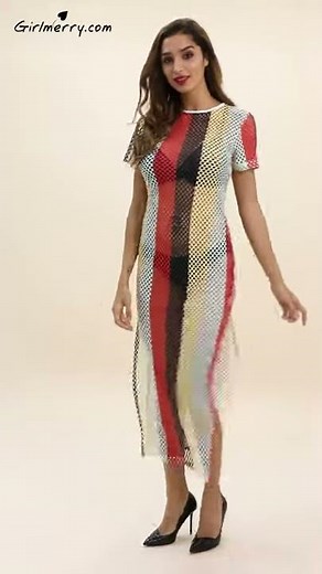 Sexy hot temperament multicolor striped round neck short sleeve fishnet split dress (A21607)