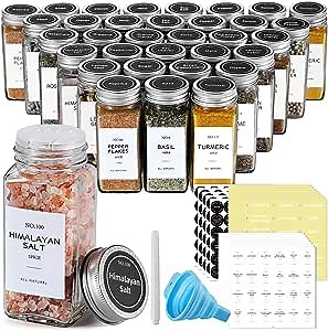 NETANY 25 Pcs Spice Jars with Labels and Shaker Lids - Minimalist Stickers, Collapsible Funnel, 4oz Seasoning Containers Bottles for Spice Rack, Cabinet, Drawer, Glass