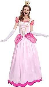 Princess Peach Dress Adult Super Brothers Costume With Crown For Halloween Party Pink Medium