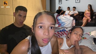 Busty beautiful student girl sucks off fat landlord for rent, and he cums in her mouth until it leaks.