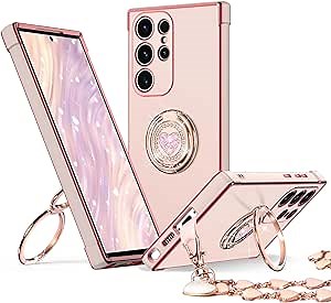 XYZ for Galaxy S22 Ultra Case with Stand, for Samsung Galaxy S22 Ultra Case with Double Ring, Women Girls Bling Luxury Protective Phone Case Heart for Samsung S22 Ultra, Pink