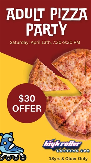 Entry for 4 adults with rentals, a large thin-crust pizza, with 1 topping and a pitcher all for just $30! Saturday, April 13th, 7:30-9:30 PM ADULTS ONLY SKATE NIGHT | High Roller Skating Center of La Crosse | Facebook