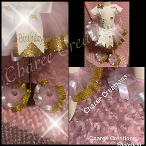 SAFARI’s 1st BIRTHDAY 🎁 PINK GOLD & WHITE RIBBON ANKLETS RIBBON TUTU WITH SHIRT | Charee Creations