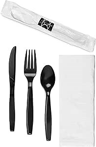 40 ct Black Wrapped Plastic Cutlery Set with Napkin, Cutlery Set Disposable for Parties, Plastic Silverware Set, Disposable Silverware Set for Weddings, Cubiertos Desechables