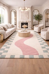 Hand getufteter Wollteppich | Rosa Gewellter Schachbrett Teppich | Moderner Dänischer Pastell Teppich | Benutzerdefinierte Teppich | Funky Ästhetischer Wohnzimmer-Dekor - Etsy.de