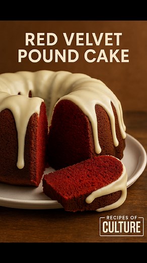 Red Velvet Pound Cake Deep red color • Buttery pound cake crumb • Cream cheese glaze ❤️ Ingredients Dry Ingredients 3 cups all-purpose flour 1 tsp baking powder ½ tsp baking soda ½ tsp salt 2 tbsp unsweetened cocoa powder Wet Ingredients 1 cup unsalted butter (room temp) 2 cups granulated sugar 4 large eggs 1 cup sour cream ½ cup whole milk or buttermilk 2 tsp vanilla extract 1 tsp white vinegar 2 tbsp red food coloring (liquid or gel) ❤️ Cream Cheese Glaze 4 oz cream cheese (softened) 1 cup pow