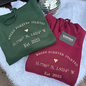 Embroidered GPS Coordinates Matching Hoodies for Couples, Special Place Date, Anniversary Wedding Christmas Gift Boyfriend Girlfriend Wife - Etsy