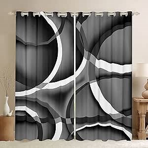 Castle Fairy Circle Geometric Window Curtains,Gray Black Swirls Curtain,Abstract Stripes Window Drapes for Kid Teens Boys Young Man,Modern Bedroom Decorative,Retro Style Curtain,42Wx63L